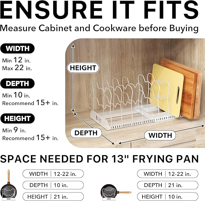 Simple Houseware Expandable Pan Organizer Rack, 10 Adjustable Compartments, White - Kitchen Cabinet Organizer for Pots, Pans, Lids & Bakeware - Pantry & Countertop Storage