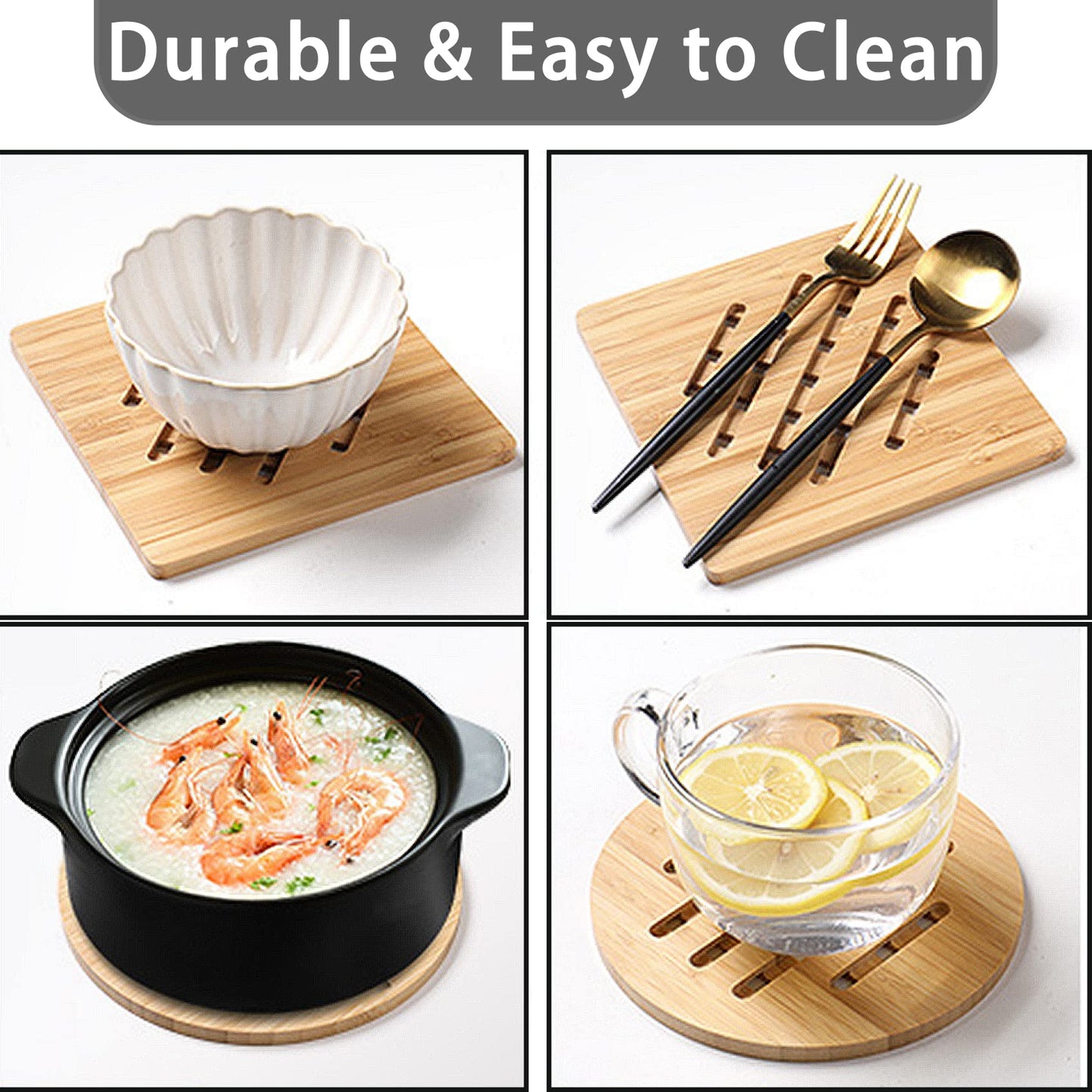 Bamboo Trivet,Hot Pads Trivet Natural Mat Set for Hot Dishes/Bowl/Teapot/Hot Pot Holders 4 Square 4 Roundness