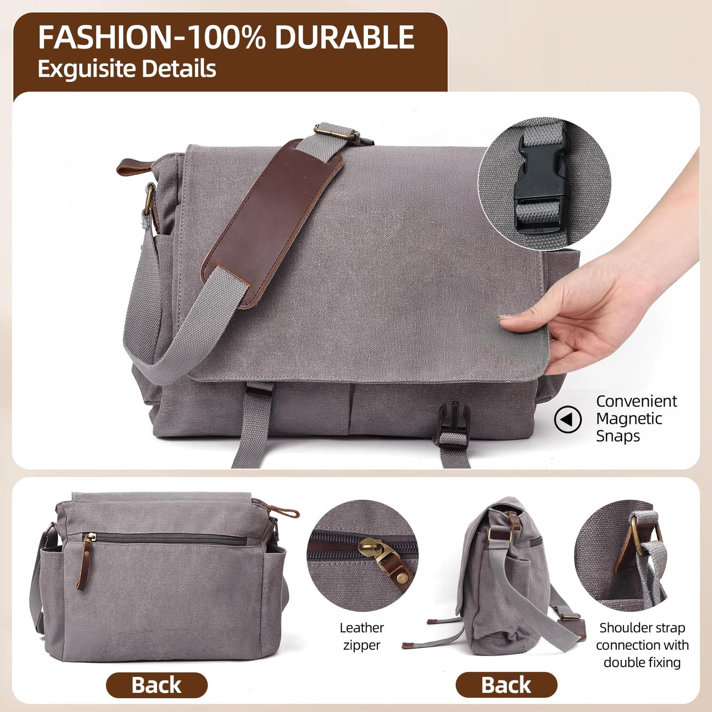Messenger Bag for men Laptop Bag UnisexRetro Canvas Bag14-15.6 inches Casual single shoulder bag For Work College Travel (grey)
