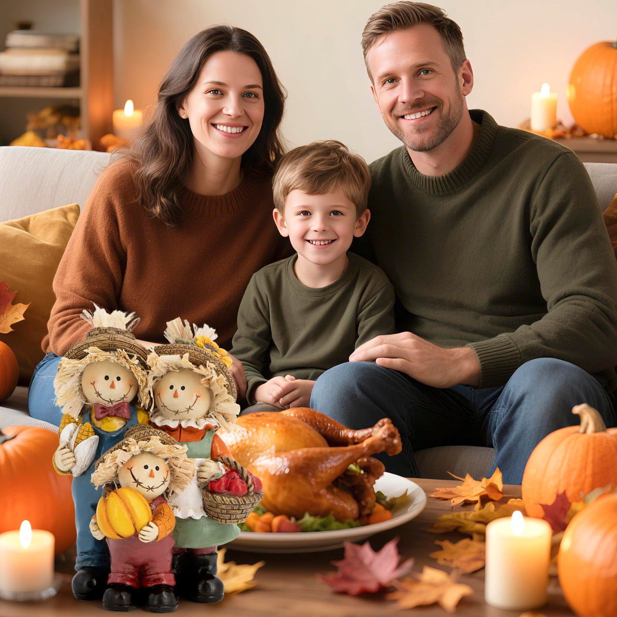 Hodao Thanksgiving Decorations for Table, Resin Fall Thanksgiving Scarecrow Family Figurine with Pumpkin, Corn & Apple Basket, Festive Gift for Autumn Home Decor