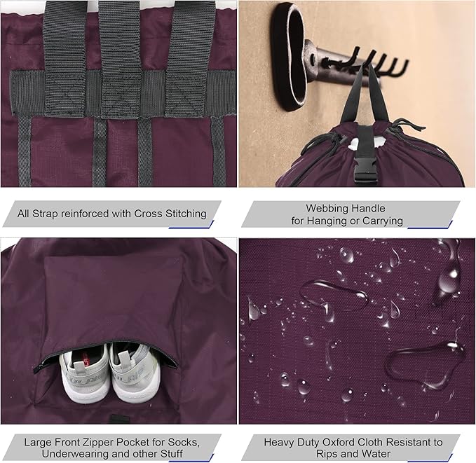 BeeGreen Laundry-Bag-Backpack-Heavy-Duty, Burgundy Nylon Drawstring Portable