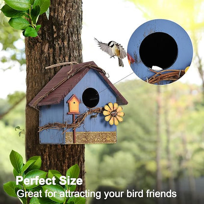 Hanging Bird Houses for Outside Decorative Birdhouse, Garden Bird Feeders for Outdoors, Blue Wooden Bird Nest Box for Wren Finchs Hummingbird Cardinal Bluebird Wild Birds, Gift for Bird Lovers