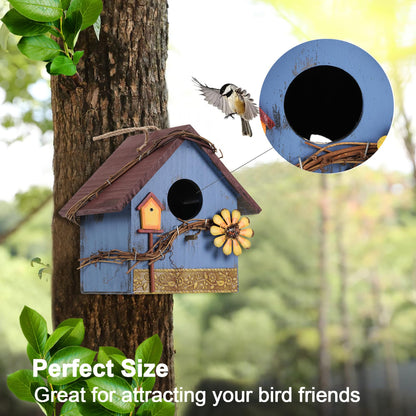 AHUONEL Hanging Bird Houses for Outside Decorative Birdhouse, Garden Bird Feeders for Outdoors, Blue Wooden Bird Nest Box for Wren Finchs Hummingbird Cardinal Bluebird Wild Birds, Gift for Bird Lovers