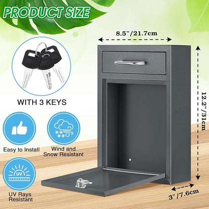 Yaocom Locking Mailbox with Key for Outdoor 12.2 x 8.5 x 3 Inches Large Wall Mount Mail Box with Lock Security Mail Drop Metal Collection Boxes Hanging Secure Postbox(Dark Gray)