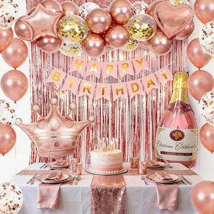 Birthday Decorations for Women with Happy Birthday Banner, Curtains, Bottle, Crown, Heart Star Balloons, Rose Gold Balloons for Girls Women Birthday Party Decorations