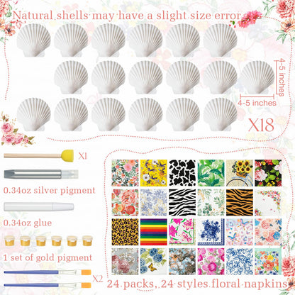 Crtiin 48 Pcs Decoupage Kits, 18 Pcs 4'' White Scallop Shells, 24 x Assorted Decoupage Paper Napkins with Glue Paint Strips Pigments and Paint Brushes for Home Decor Ornaments DIY Arts Crafts (Fun)