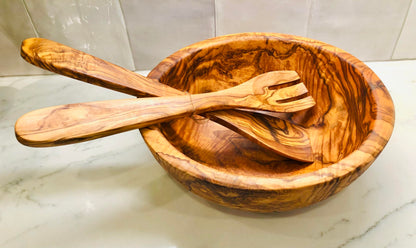 ORCHARD HARDWOODS 11" Artisan Olive Wood Salad Bowl / 14" Utensil Set