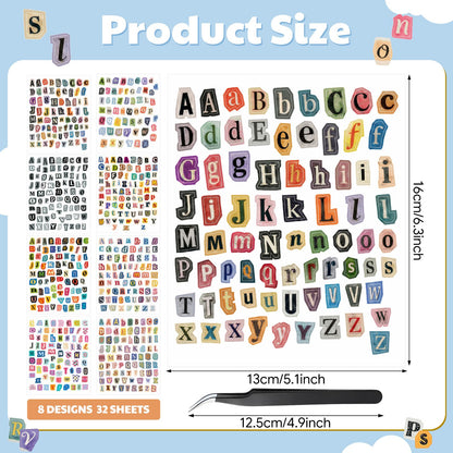 Frienda 2400 Pcs 32 Sheet Letter Stickers for Scrapbook with Tweezers Magazine Ransom Letters Stickers Small Vintage Alphabet Sticker for Journaling Supplies Laptop Water Bottle DIY Crafts Gift