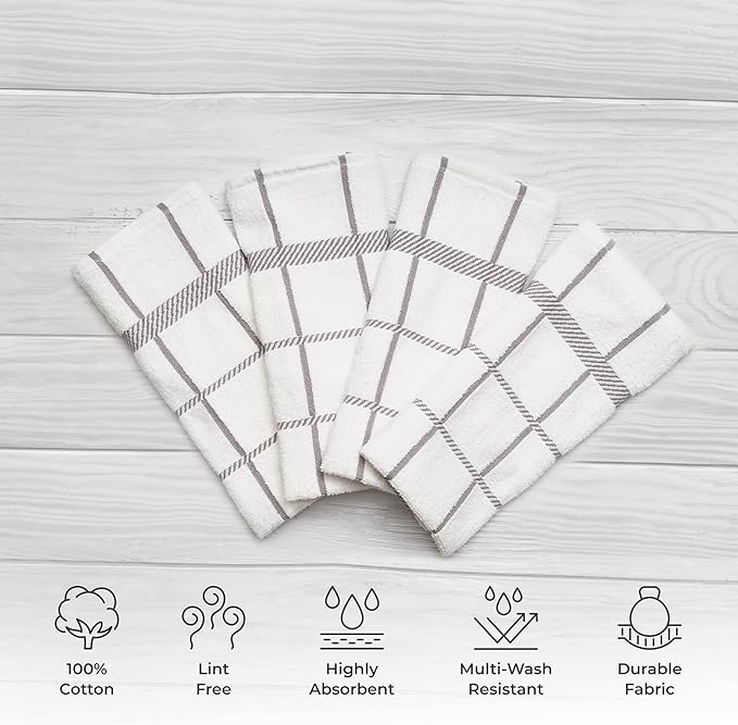 100% Cotton Terry Dish Towels, 4 Pack Checks, 16 x26 Inches, Super Soft and