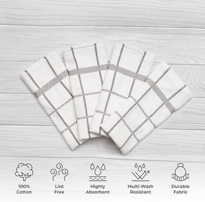 100% Cotton Terry Dish Towels, 4 Pack Checks, 16 x26 Inches, Super Soft and