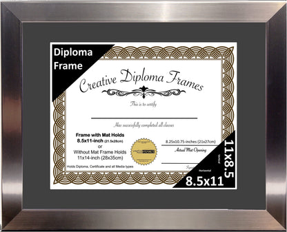 Creative Picture Frames 11” x 14” Stainless Steel Finish Diploma Frame with Black Mat to Hold 8.5 by 11-inch Graduation Documents w/Stand and Wall Hanger