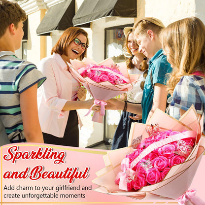 Thiccywoov Valentine Glitter Roses Bouquet (exclude Rose & Glue) DIY Roses with Glitter Powder Flower Wrapping Paper Letter Stickers Bags for Mothers Day Birthday Wedding Graduation Xmas Gifts(Pink)