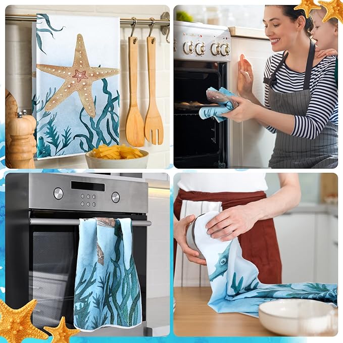 Boyiee Set of 6 Beach Kitchen Towels Sea Ocean Animal Nautical Tea Towels 24 x