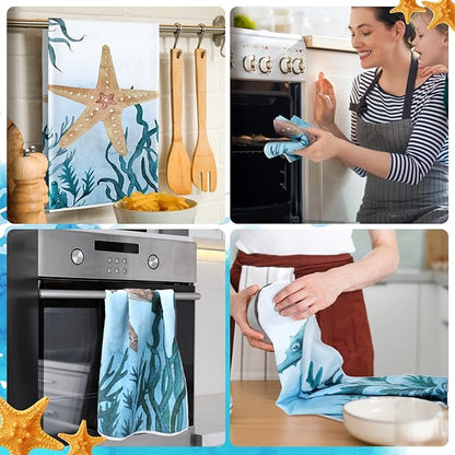 Boyiee Set of 6 Beach Kitchen Towels Sea Ocean Animal Nautical Tea Towels 24 x