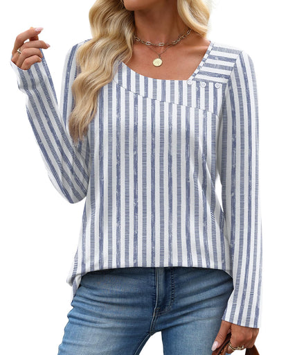 OFEEFAN Long Sleeve Shirts for Women Fall Clothes Asymmetric Square Neck Tunic Tops Decorative Buttons