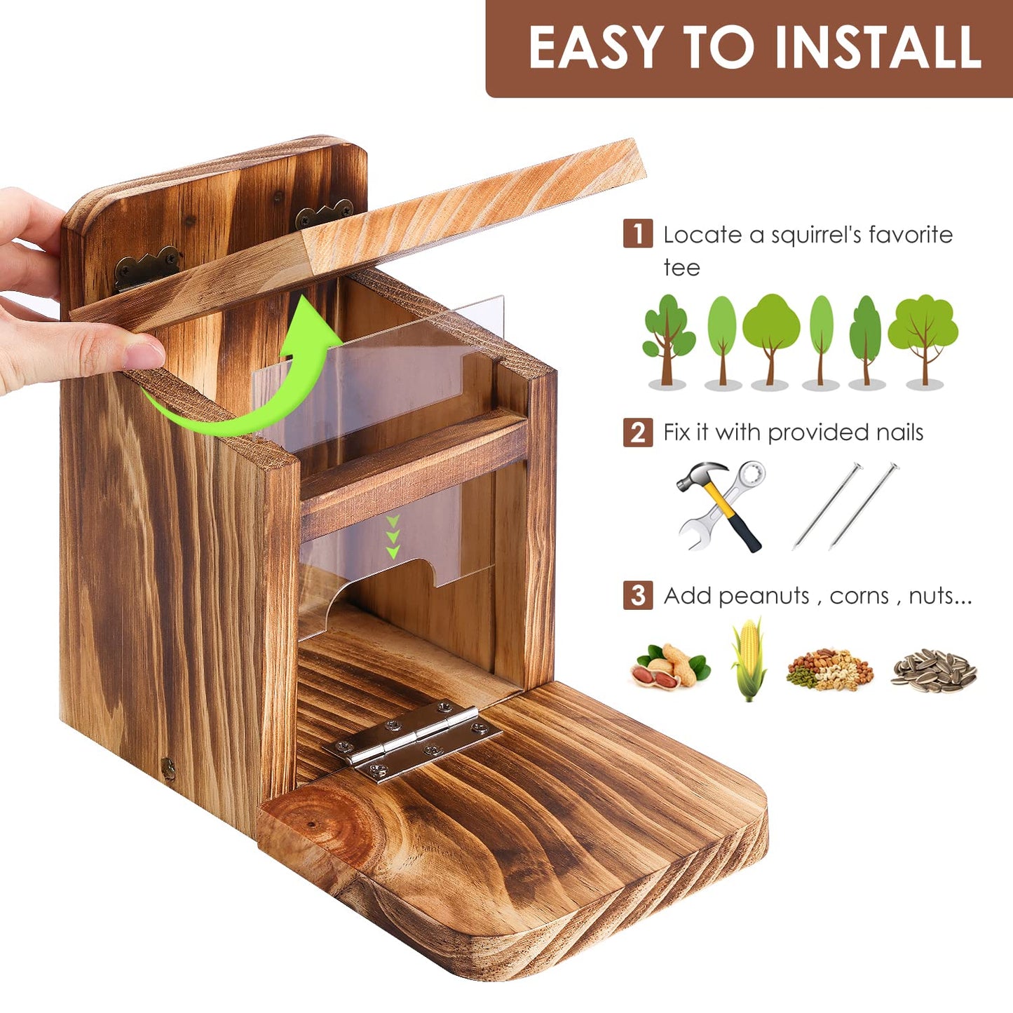 MIXXIDEA 2 PK Wooden Squirrel Feeder Box, Sturdy Squirrel Feeding House with Thickness 1.5CM Wood, No Assembly Required, for Backyard Outside Garden