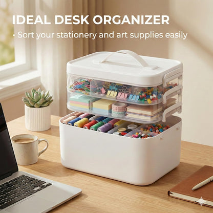 MERATIA 13.3 QT Art Supply Organizer Box with Handle, White 3-Tier Stackable Craft Storage Container with Removable Trays for Markers, Paints, Beads and Sewing Accessories 11.1''x7.7''x9.1''