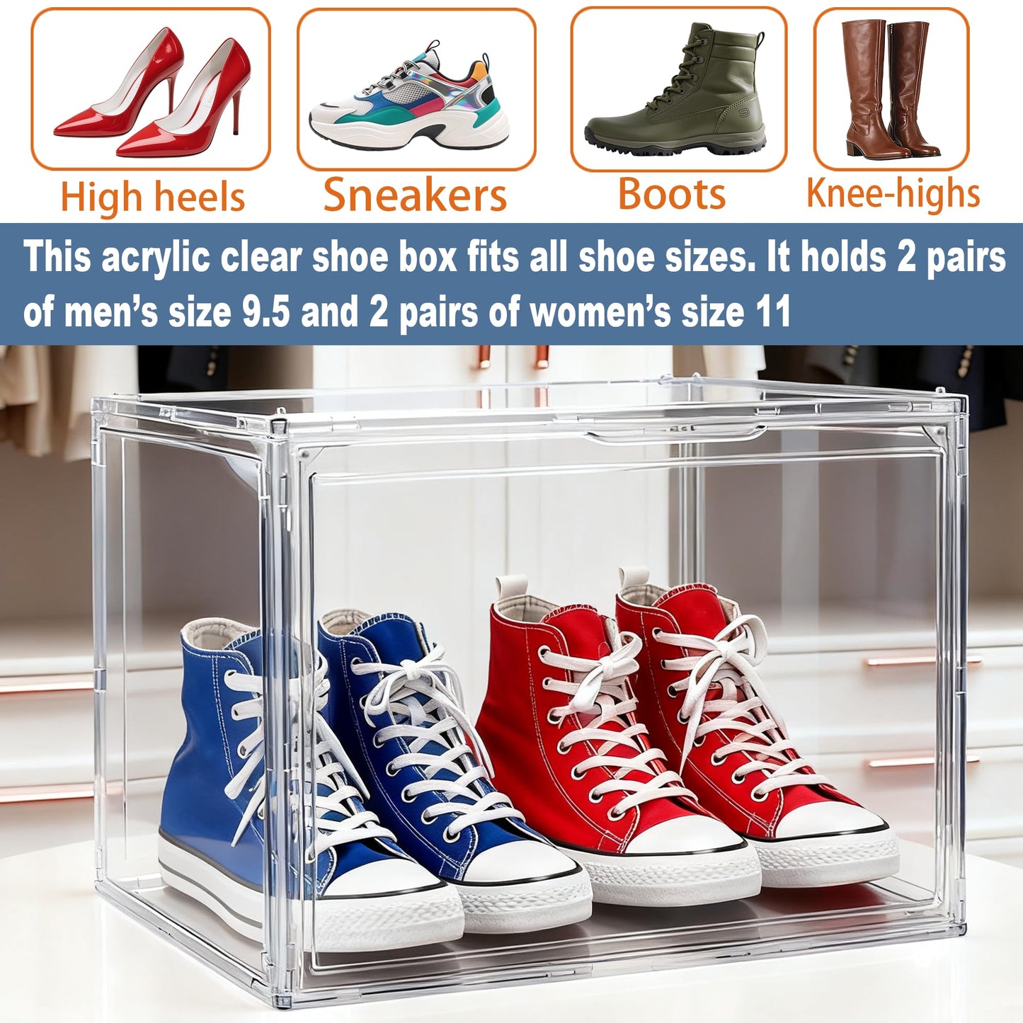 5 Pack XXX-Large Super Large Acrylic Display Case Figures Collectibles Helmet Showcase Boot & Shoe Boxes Clear Stackable Plastic Storage Bins Organizer with Magnetic Lid, 5 Pack with 2 Shoe Bags