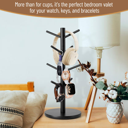 MyLifeUNIT Mug Holder Tree, 360° Rotated Coffee Cup Holder with 8 Hooks, Wooden Mug Rack Stand for Counter Top, Coffee Bar Accessories (Black)