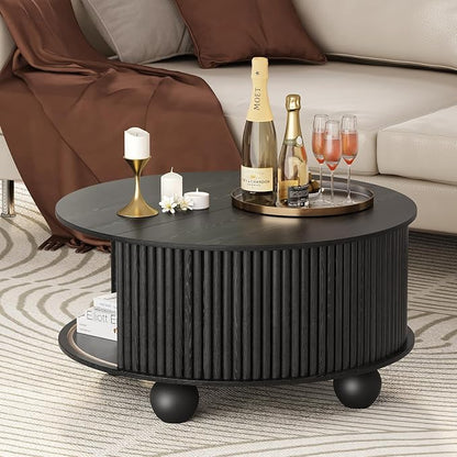 Round Coffee Table with Storage, 31.5" Mid Century Modern Coffee Table with Sliding Door & Bun Feet, Minimalist Fluted Center Table for Living Room, Home Small Space, Black