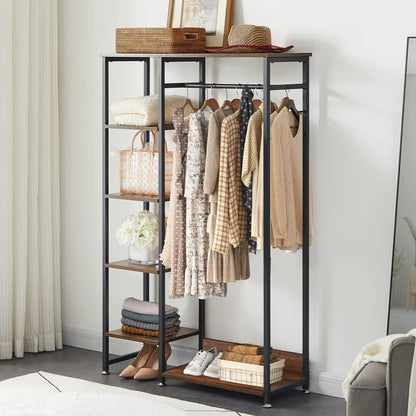 VECELO Open Garment Clothing Rack, Free-Standing Heavy Duty Storage Closet with 5 Shelves and Hanging Rod for Small Spaces, Max Load 350LBS, Brown