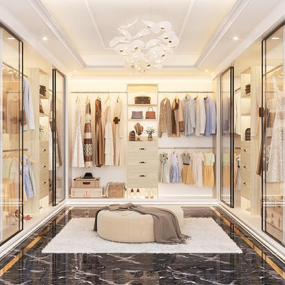 Besiost 96'' Closet Organizer System with 3 Hanging Rods, 8FT Closet Organizers and Storage with 3 Wooden Drawers, Built in Closet Organizer Systems, Adjustable Walk-in Wardrobe from 2-8FT, White Oak