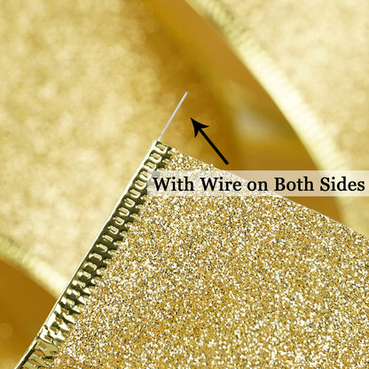 MEEDEE Gold Wired Ribbon 2.5 Inch Metallic Thick Glitter Ribbon by 25 Yards for Christmas Tree Decoration, Garland, Wreath Supplies