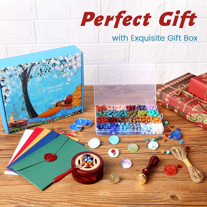 Comealltime Wax Seal Kit with Gift Box, 624 Pcs 24 Colors Sealing Beads, 2 Pcs Stamps, Sealing Wax Warmer, Metallic Pen, Envelope, Candles for Wedding Birthday Gift and DIY Craft, Sellado de Cera