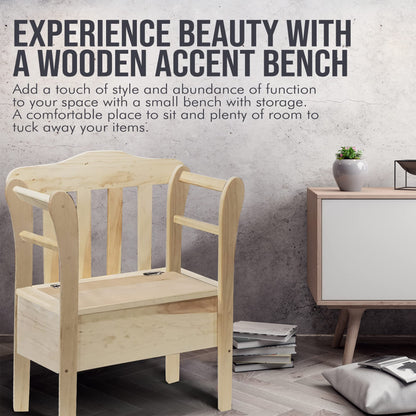 Peaceful Classics Bench with Storage - Small Wooden Storage Bench for Entryway, Hallway, Mudroom, Farmhouse, Bedroom, & Living Room, Amish Handmade Furniture Storage Organizer, Unfinished