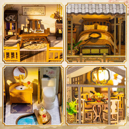 Hallisun DIY Miniature House Kit, Fairyland Tiny 3D Wooden House Making Set for Adults, Dollhouse Bookshelf Decor with Furniture & LED Lights, Christmas Birthday Greenhouse Craft Gift for Friend