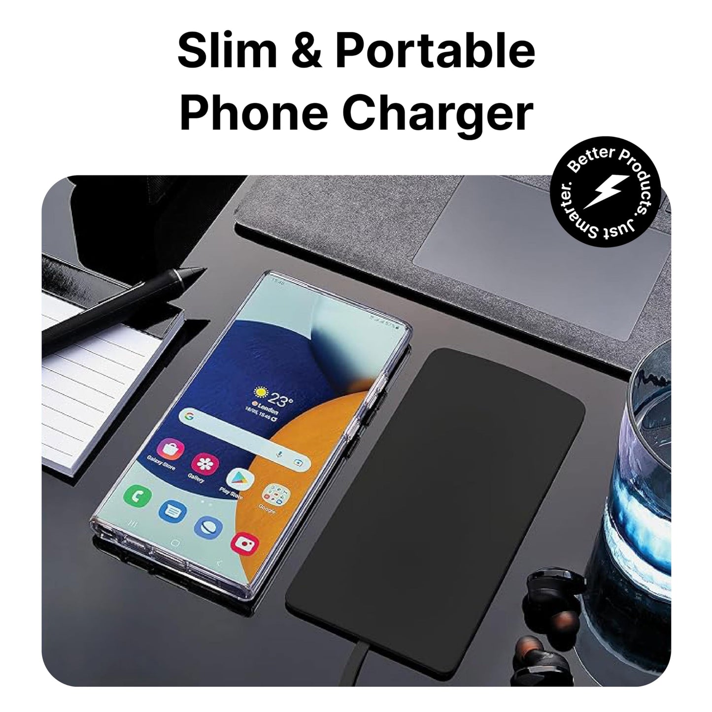 IJS Ultra Slim Universal Fast Wireless Charger - Phone Charger Compatible with All Qi Enabled Phones - Smart Round Fast Charging Pad for Multiple Devices (Black)
