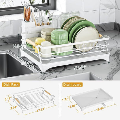 Epicano Dish Drying Rack for Kitchen Counter,Large Capacity,White | Raised Feet,Rustproof,Wooden Handle,Auto-Drainage System,Cup Holder & Knife Slots, Sink Storage Organizer