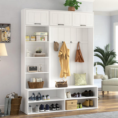 5-in-1 Hall Tree with Bench, Entryway Storage Organizer Cabinet, White