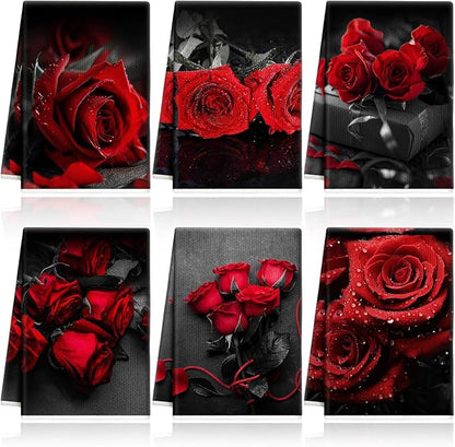 Breling Set of 6 Red Rose Kitchen Towels Vintage Themed Dish Towel Bathroom