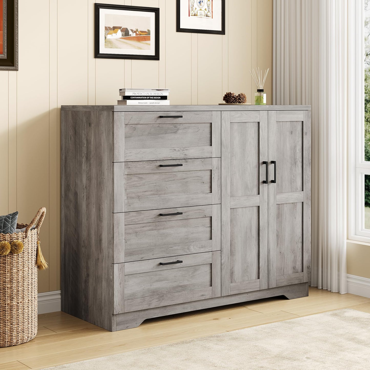GarveeHome Multifunctional Wooden Dresser for Bedroom, 43.3 in H 2 Door Wardrobe Armoire Closet with 4 Drawers and Hanging Rod, Low Storage Cabinet for Hanging Cloth, Gray