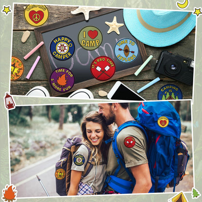 Lyrow 24 Pcs Camping Crafts Color Your Own Iron on Camp Patches Camping Coloring Iron on Embroidered Patches for Camp Party Activities DIY Clothes Hats Bags Backpack Sew Making