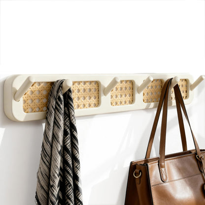 Shamgzuu Coat Rack Wall Mount, Rattan Coat Hooks Hanger Wall Mounted, 6 Heavy Duty Bamboo Hooks Rack Rail for Hanging Clothes Hats Bags Jacket Towels Plants, White (White)