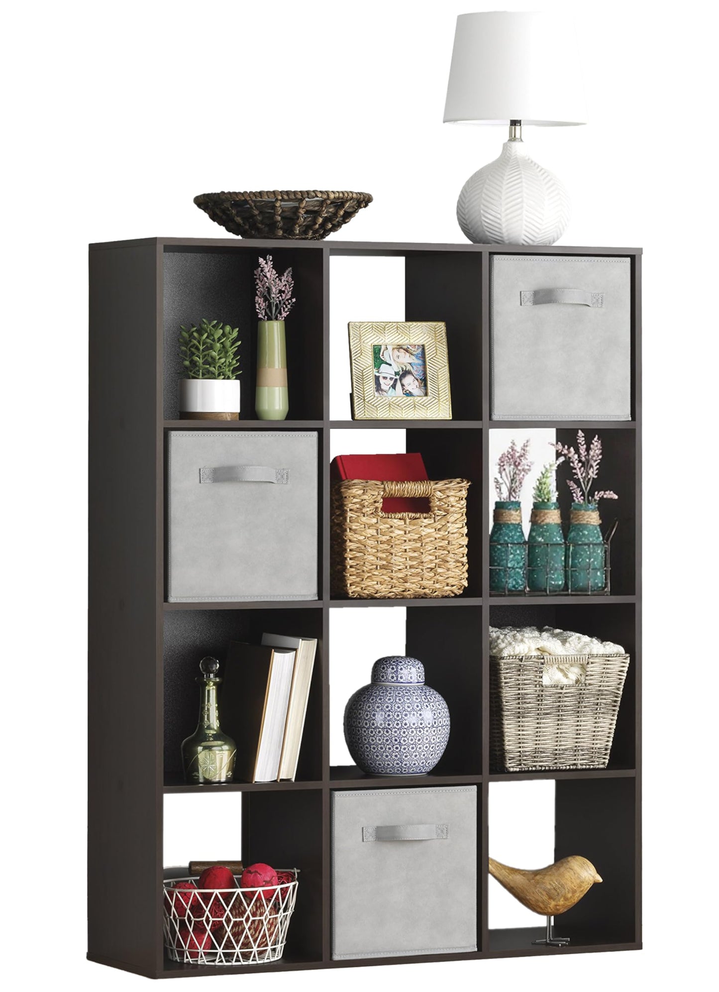 Whitmor 12 Cube Storage Organizer, 4 Tier Stackable Mdf Wood Bookcase, Open Storage Display Bookshelf, Storage Cabinet for Living Room, Bedroom, Home, Office, 35.1"L x 11.7"W x 47.5"H, Espresso