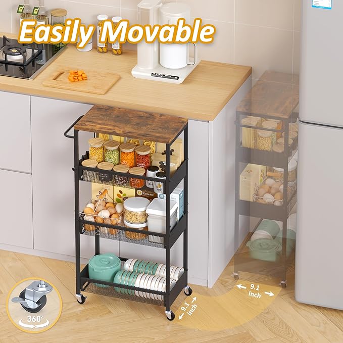 Vincona 9.1" Wide Slim Rolling Utility Cart, 4 Tier Metal Narrow Storage Cart with Handle and Wood Top, Multifunctional Small Mobile Shelf Unit Organizer Trolley for Laundry, Bathroom, Kitchen
