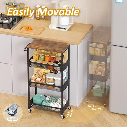 Vincona 9.1" Wide Slim Rolling Utility Cart, 4 Tier Metal Narrow Storage Cart with Handle and Wood Top, Multifunctional Small Mobile Shelf Unit Organizer Trolley for Laundry, Bathroom, Kitchen