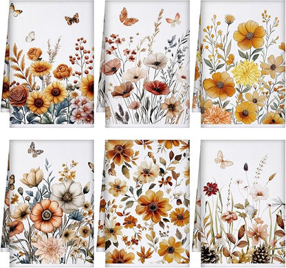 Geyoga 6 Pcs Spring Floral Kitchen Towels Flamingo Dish Hand Towels Sunflower