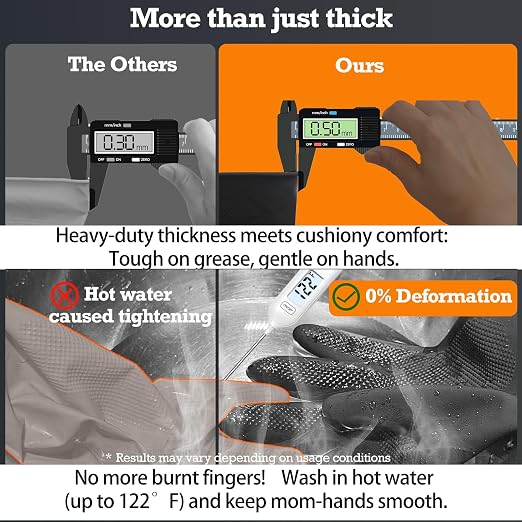 Heavy-Duty Thick Black Rubber Cleaning Gloves, 3 Pairs, M | Reusable & waterproof black/orange dual layers. Non-slip design for dishwashing, kitchen cleaning, and auto care.