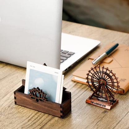 Qunclay 2 Pack Lotus Flower Business Card Holder, Wooden Decorative Business Card Holders for Desk Postcard Organizer Display Stand for Office Desktop(Dark Brown)