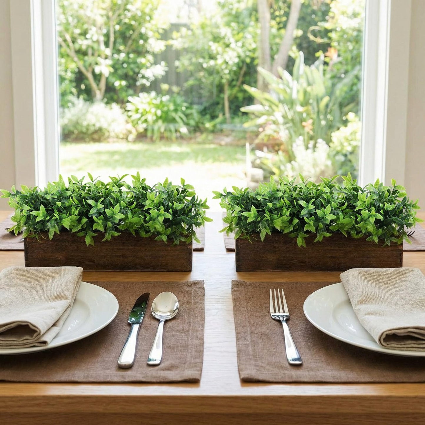 Lyrow 4 Pack Artificial Eucalyptus Plants in Rectangular Rustic Wooden Planter Box Faux Potted Herb Plant Greenery Centerpiece for Cabinet Windowsill Table Shelf Wedding Farmhouse Decor (Brown,16 '')