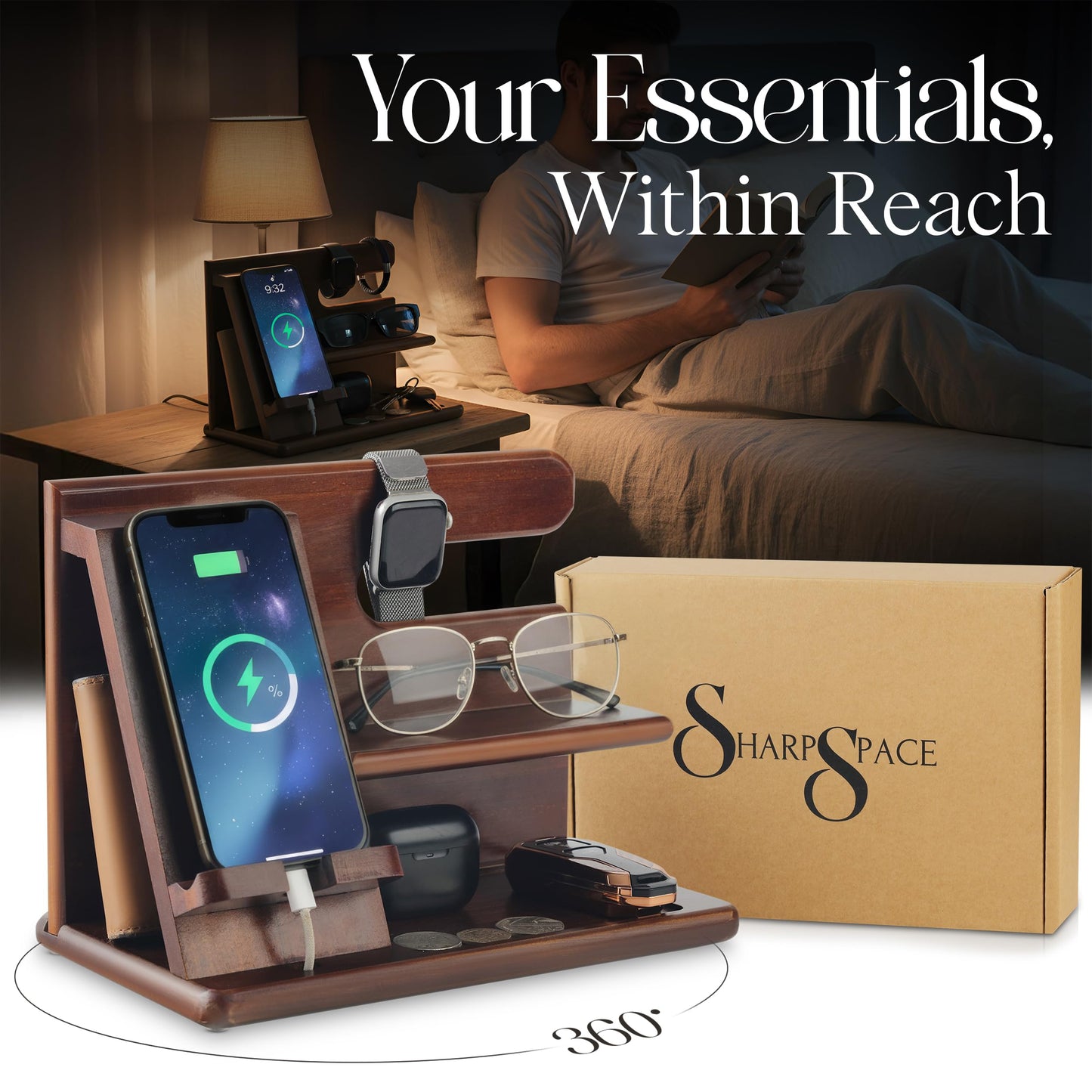 Wood Phone Docking Station for Men - 360° Rotating Nightstand Organizer with Rotating base, Charging Slot, Holds watch, Wallet, Keys, Eyewear - Birthday Gifts for Men & Women, Bedroom or Office Use, Dark Brown