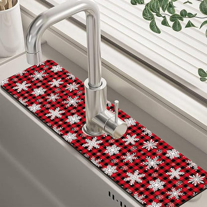 Christmas Snowflake Kitchen Sink Splash Guard Mat Buffalo Plaid Absorbent Fast