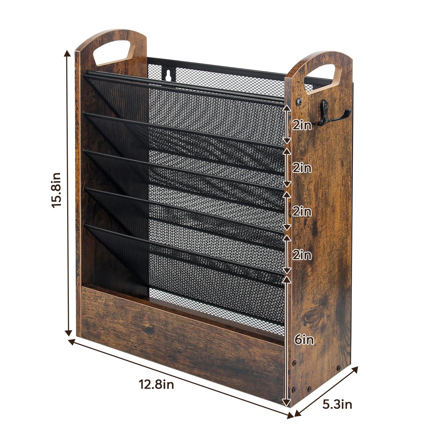 EHWINE Wall File Organizer, 6 Tier Hanging Wall File Organizer with Bottom Tray, Mail Organizer Wall Mount, Wooden Desk Organizer for Office or Home