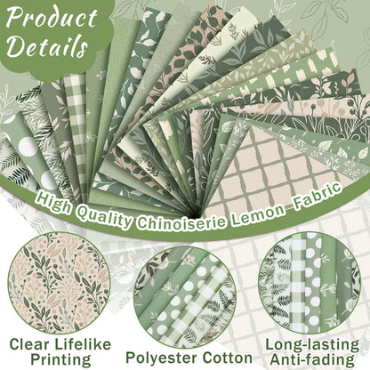 Tegeme 40 Pcs 10 x 10 Inches Sage Green Floral Fabric Squares Vintage Greenery Precut Fabric Bundle Retro Eucalyptu Gingham Polka Dot Spring Leaves Printed Sewing Sheet for Craft DIY Quilting Sewing
