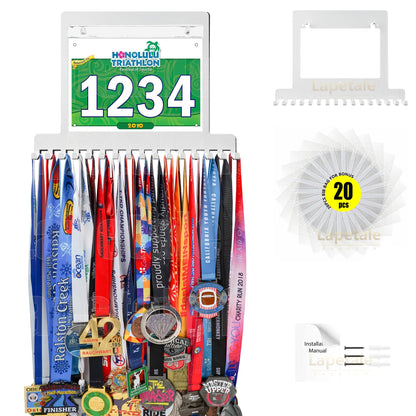 Lapetale Fashion White Race bib and Medal Display,Marathon Medal Display and Runner Medal Hanger Display,Bib Running Medal Display, Running Medal Hanger Display,Medal Holder for Wall