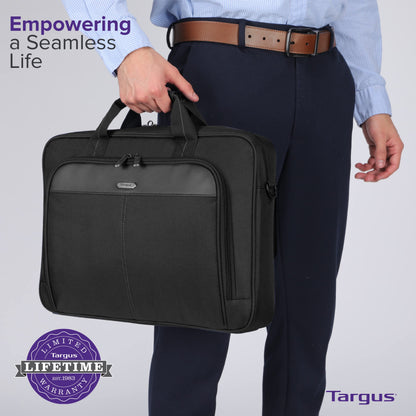 Targus 15-16 Inch Classic Slim Laptop Bag, Black - Ergonomic Briefcase and Messenger Bag - Spacious Foam Padded Laptop Bag for 16" Laptops and Under (TCT027US)